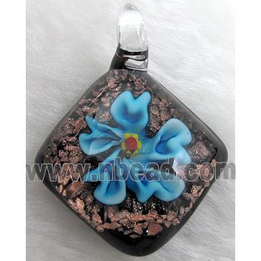 murano style lampwork glass pendant with goldsand, flower, blue