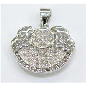 paved zircon copper pendant, platinum plated, approx 20-25mm