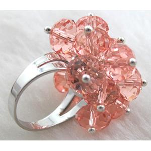 handcraft Crystal glass ring, rose-pink, ring:18mm dia, glass bead:8mm