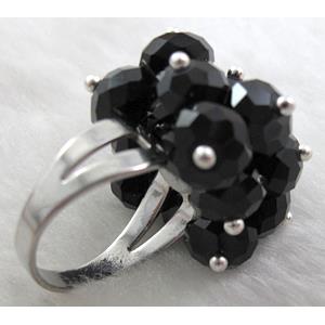 handcraft Crystal glass ring, black, ring:18mm dia, glass bead:8mm