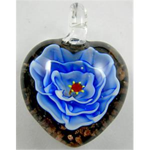 Lampwork Glass Pendant with goldsand, heart, flower, blue, 30x35mm