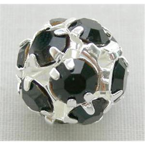 black Middle East Rhinestone Beads, round, silver plated, 10mm diameter