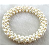 pearlized glass bracelet, stretchy, white, 10mm wide, 60mm dia, glass bead:4mm