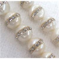 white pearl shell beads, paved rhinestone, approx 9-10mm dia