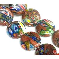 Millefiori glass bead with goldsand, flat-round, mixed, 20mm dia, 20pcs per st