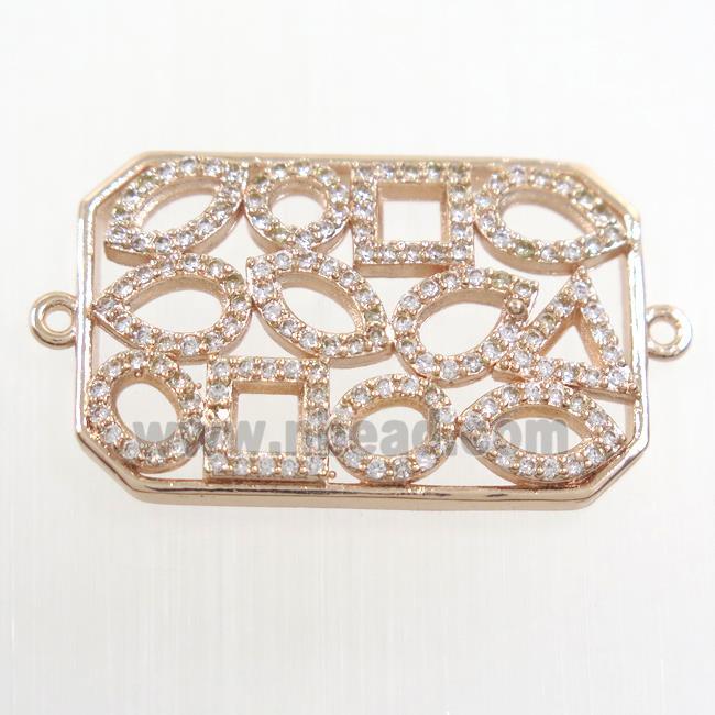 copper connector paved zircon, rectangle, rose gold
