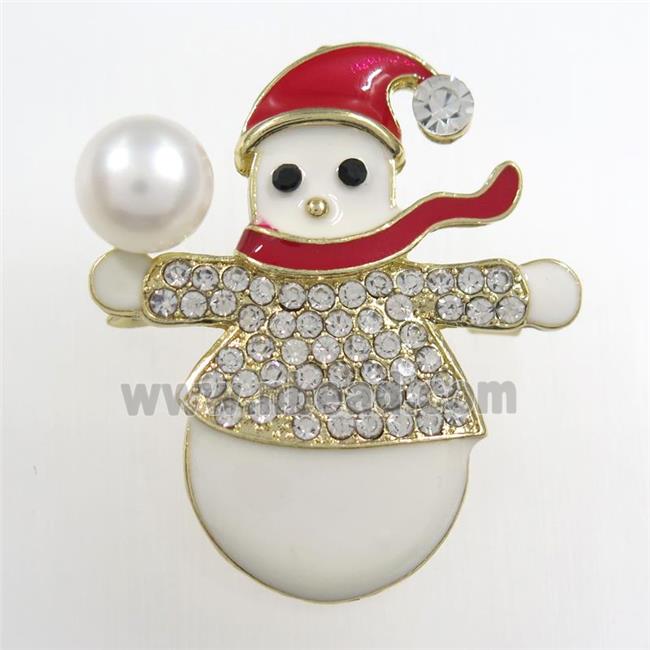 Snowman copper brooch paved zircon, Enamel, gold plated