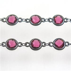copper chain with purple Chinese crystal glass, black plated, approx 8mm dia