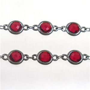 copper chain with ruby Chinese crystal glass, black plated, approx 8mm dia