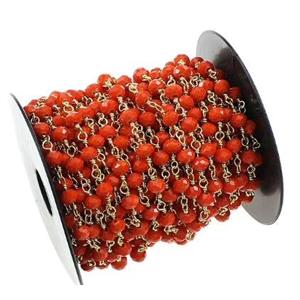 copper chain with red crystal glass, gold plated, approx 4mm dia