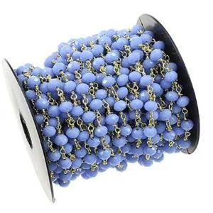 copper chain with blue crystal glass, gold plated, approx 4mm dia