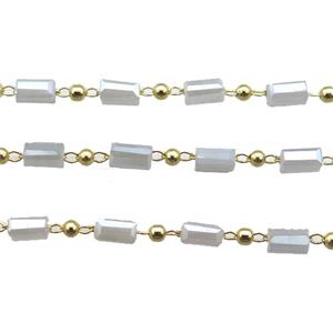 copper chain with crystal glass bead, tube, gold plated, approx 2.5x5mm