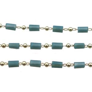 copper chain with crystal glass bead, tube, gold plated, approx 2.5x5mm