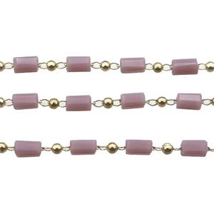 copper chain with crystal glass bead, tube, gold plated, approx 2.5x5mm