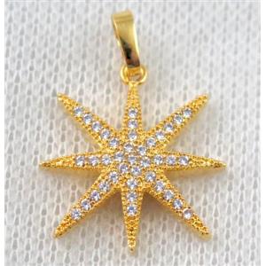 copper north star pendant paved zircon, gold plated, approx 22mm dia