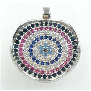 copper circle pendant pave zircon, platinum plated, approx 18-20mm