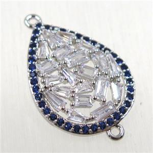 copper connector paved zircon, teardrop, platinum plated, approx 18-23mm