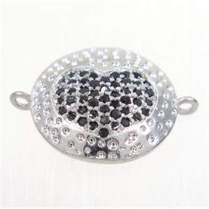 copper button heart connector paved zircon, platinum plated, approx 14mm dia