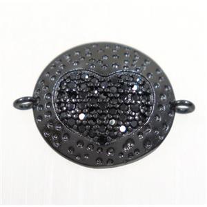 copper button heart connector paved zircon, black plated, approx 14mm dia