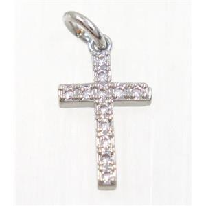 copper Cross pendant paved zircon, platinum plated, approx 9x14mm