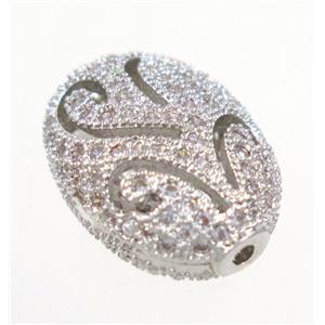copper oval beads paved zircon, platinum plated, approx 11x15mm