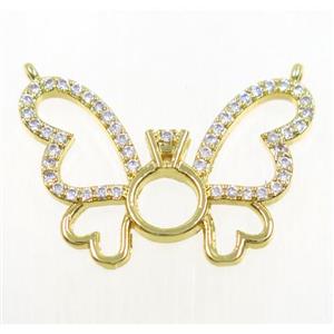 copper butterfly pendant paved zircon with 2loops, gold plated, approx 19-28mm