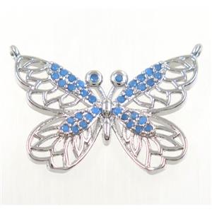 copper butterfly pendant paved zircon with 2loops, platinum plated, approx 17-24mm