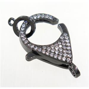 copper Lobster Clasp pave zircon, black plated, approx 16-22mm