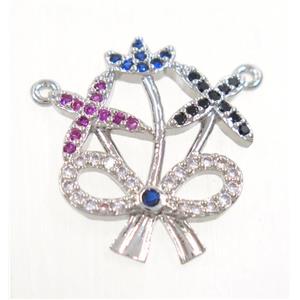 copper flower pendant paved zircon with 2loops, platinum plated, approx 15-18mm