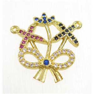 copper flower pendant paved zircon with 2loops, gold plated, approx 15-18mm