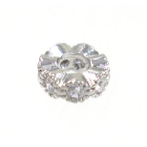 copper rondelle beads paved zircon, platinum plated, approx 6mm dia, 2.5mm hole
