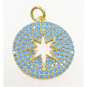 copper pendant paved zircon, North Star, gold plated, turq, approx 18mm dia