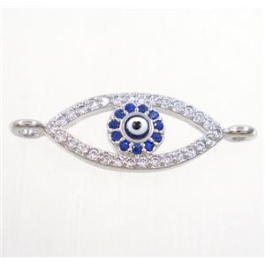 copper evil eye connector paved zircon, platinum plated, approx 8-16mm