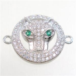 copper foxHead connector paved zircon, platinum plated, approx 17mm dia