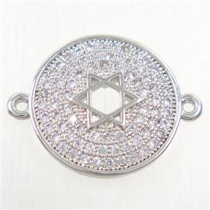 copper circle connector paved zircon with david star, platinum plated, approx 15.5mm dia