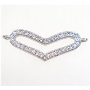 copper heart connector paved zircon, platinum plated, approx 10-23mm