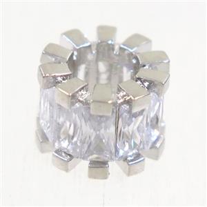 European style copper beads paved zircon, tube, platinum plated, approx 7-11mm, 5mm hole