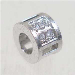 European style copper tube beads paved zircon, platinum plated, approx 6x9mm, 4mm hole