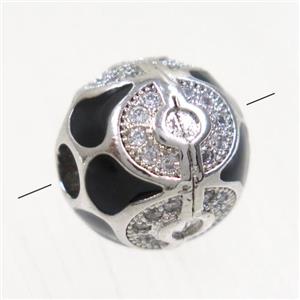 round copper beads paved zircon, platinum plated, approx 11mm dia