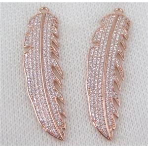 copper pendant paved zircon, leaf, approx 14x50mm