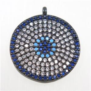 copper button circle pendant paved zircon, black plated, approx 20mm dia