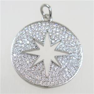 copper button northStar pendant paved zircon, platinum plated, approx 23mm dia