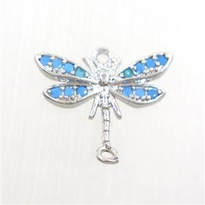 copper dragonfly connector paved zircon, turq, platinum plated, approx 10-15mm