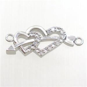 copper pendant paved zircon, cupids arrow, platinum plated, approx 10-22mm