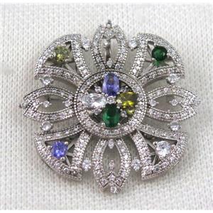 copper brooch paved zircon, platinum plated, approx 40mm dia
