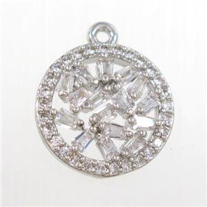copper circle pendant paved zircon, platinum plated, approx 12.5mm dia