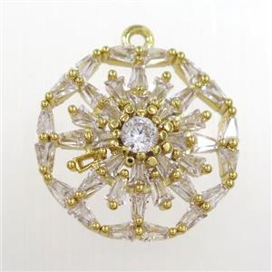 copper flower pendant paved zircon, gold plated, approx 19mm dia