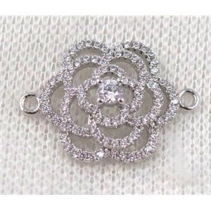 copper flower connector paved zircon, platinum plated, approx 18-25mm