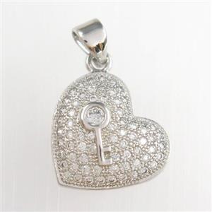 copper heart pendants paved zircon, platinum plated, approx 14-15mm