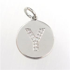 copper pendant paved zircon, letter Y, platinum plated, approx 15mm dia